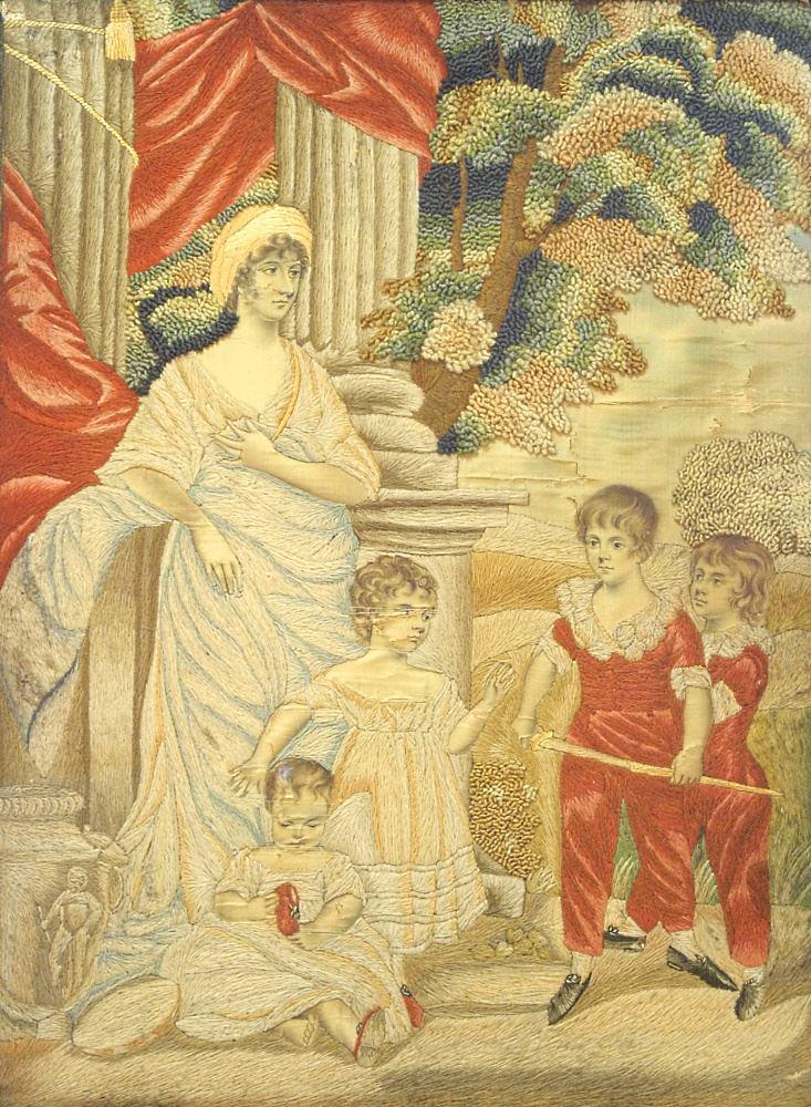 Georgian Stumpwork & Silk Needle- Work, 25" x 19 1/4", "Family Portrait" As found. (1 of 2)