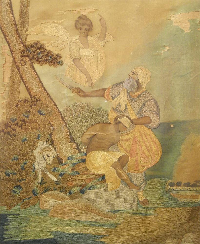 Georgian Silk Needlework: Angel Descending, 20" x 16 1/4", As Found. (1 of 2)