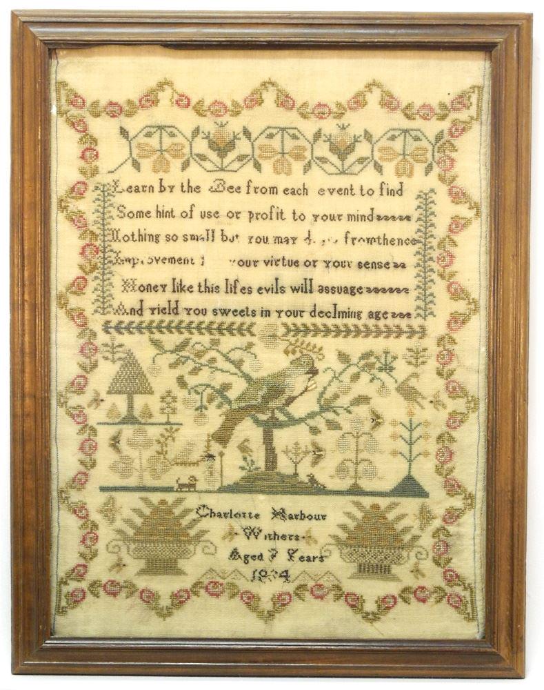 Needlework Sampler: Charlotte Harbour Withers, Aged 7 Years 1834, 17 1/2" x 13". (1 of 2)