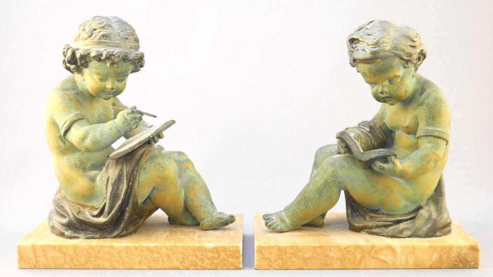 Pair of Patinated Alloy "Literary Putti" on Pink Stone Plinths, 7 1/4 x 6 3/4 x 4 1/4" (1 of 2)