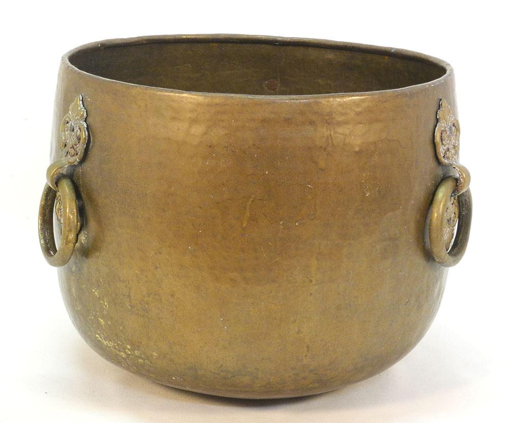 Antique Copper & Brass Large Hanging Planter, Hand Peened, 12"H X 14"D. - (1 of 2)