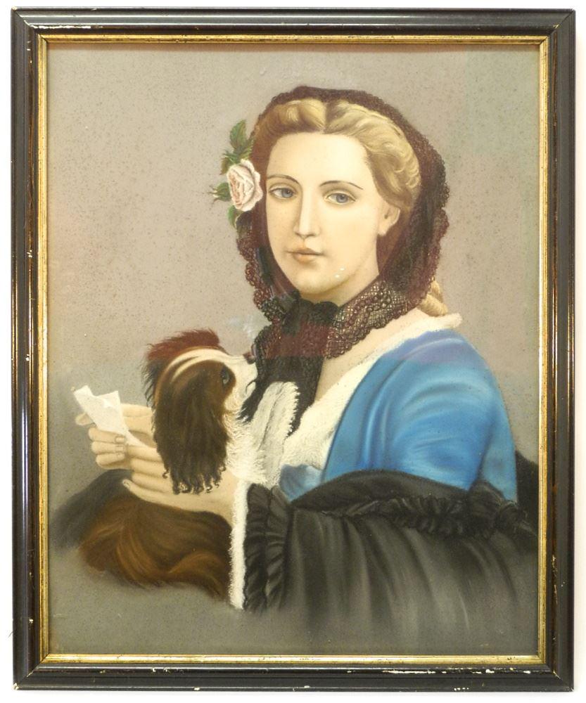 Unsigned Victorian Pastel, 24 1/2" x 19 1/2", "Lady with Dog". (1 of 1)