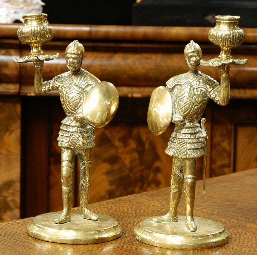 Pair of Figural Brass Conquistador Candlesticks, 8 3/8" High, 1 Sword Missing. (1 of 2)