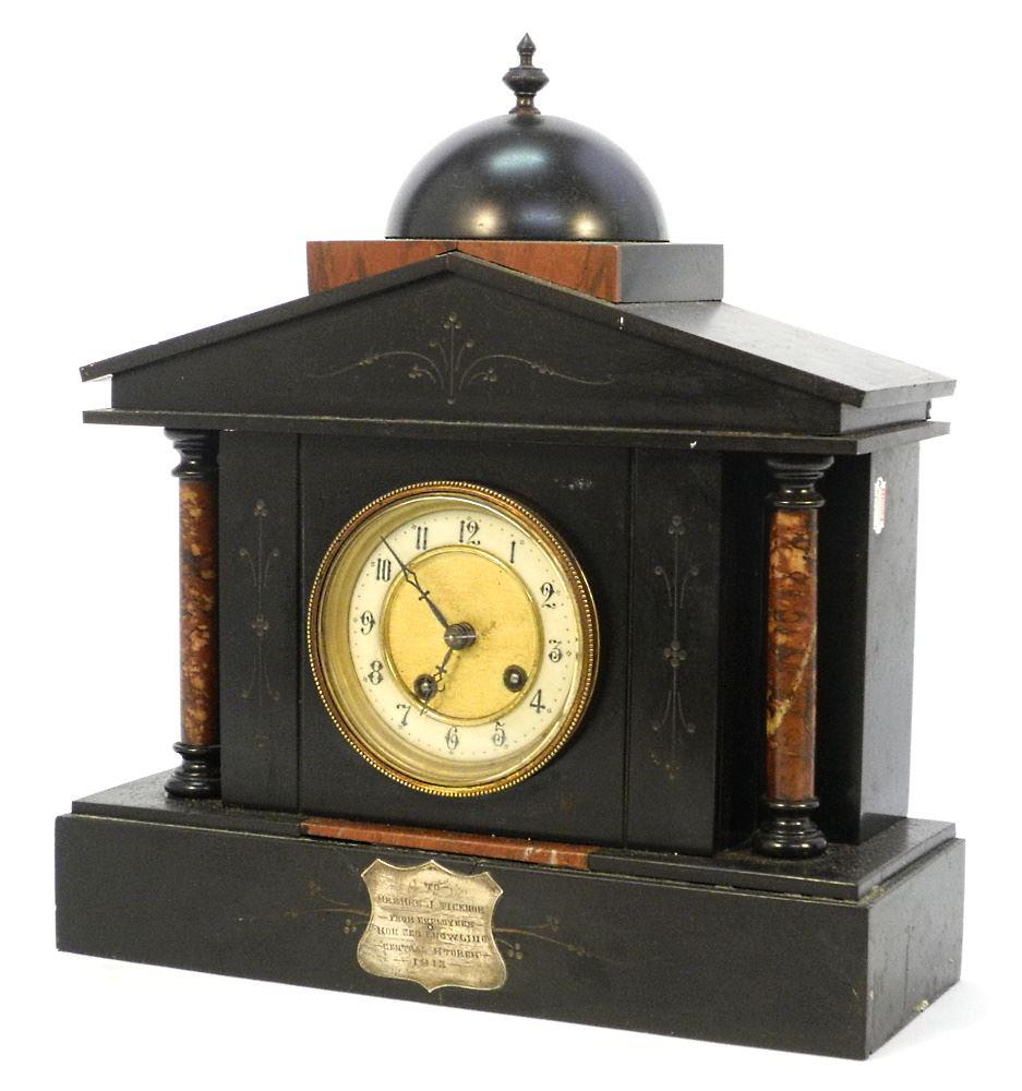Eastlake Slate Mantle Clock with 1913 Plaque, 14 3/4" x 13 3/4" x 5". (1 of 4)