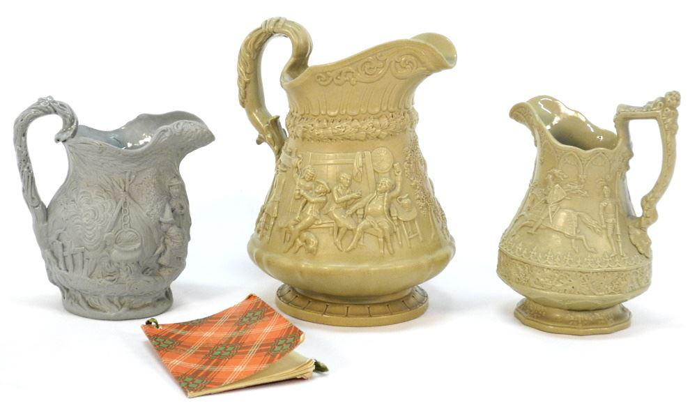 3 Victorian Pitchers: 2 Ridgway/ 1 Jones & Walley (Cracked), 6 3/4" - 9" High. (1 of 3)