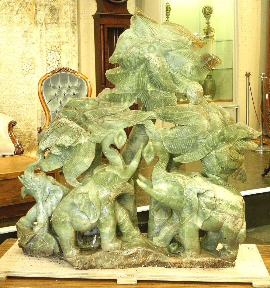 20th Century Very Large Translucent Green Hardstone Sculpture Depicting Elephants, Approx.36"H. (1 of 14)