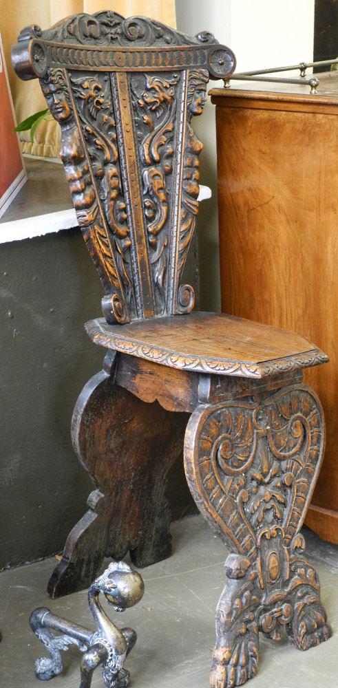 Ornate European Carved Walnut Hall Chair, 41 1/2" High. (1 of 2)