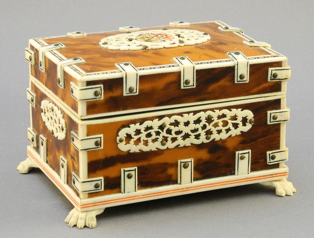 Anglo Indian Faux Tortoise Shell & Strap Work Box, 2 1/2" x 4" x 3", No Export. (1 of 4)