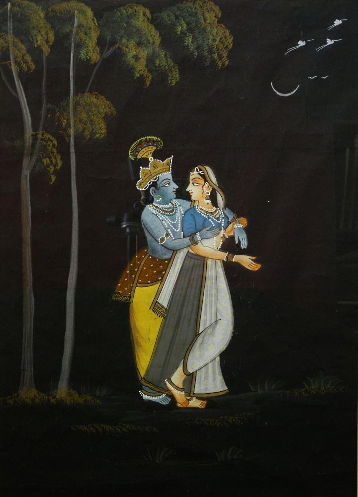 Indian Painting on Silk "The Union of Radha & Krishna, 5 3/4" x 19". (1 of 2)