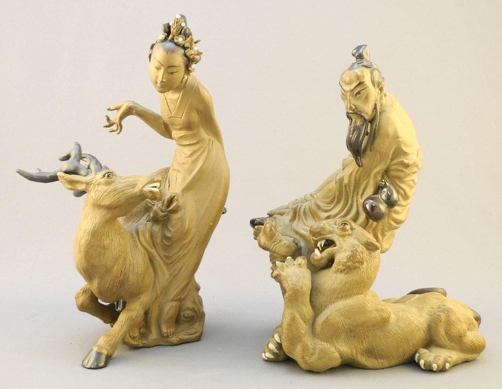 2 Brown Glaze Shiwan Ware Figures, 8 1/2" & 8 1/8" High. (1 of 3)