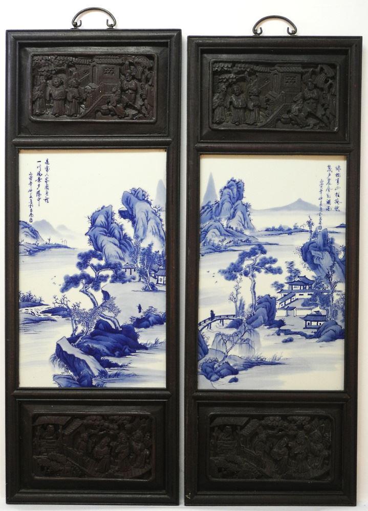2 Chinese Blue & White Framed Porcelain Plaques, 33" x 12 1/4". (1 of 3)