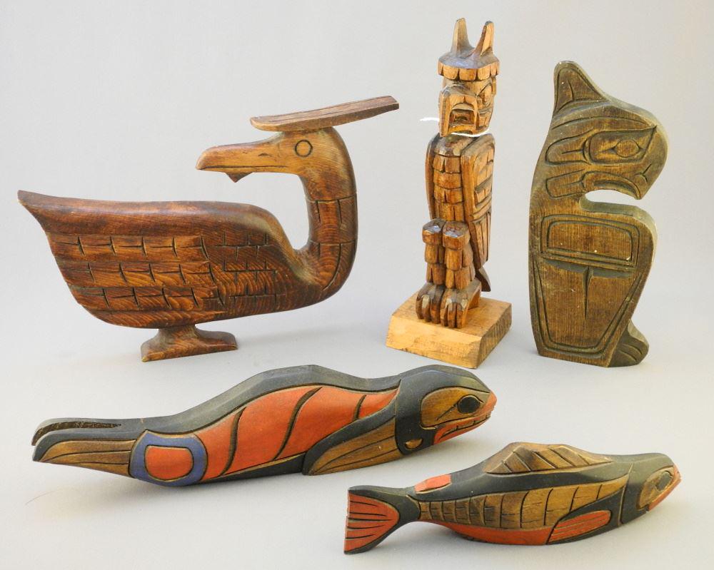 5 Northwest Coast Carvings, Various Subjects, 8" - 10 3/4". (1 of 3)