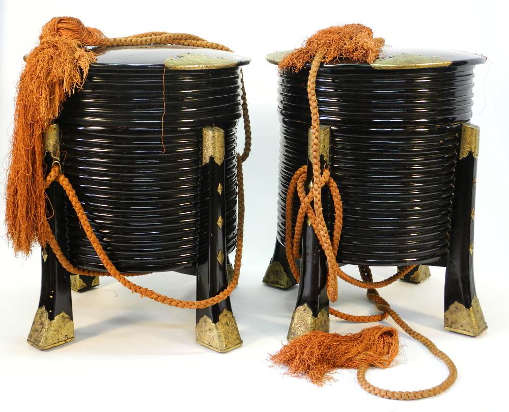 Pair of Japanese Gilt Metal Mounted Black Lacquer Shell Game Boxes, 18 1/4" High. (1 of 3)