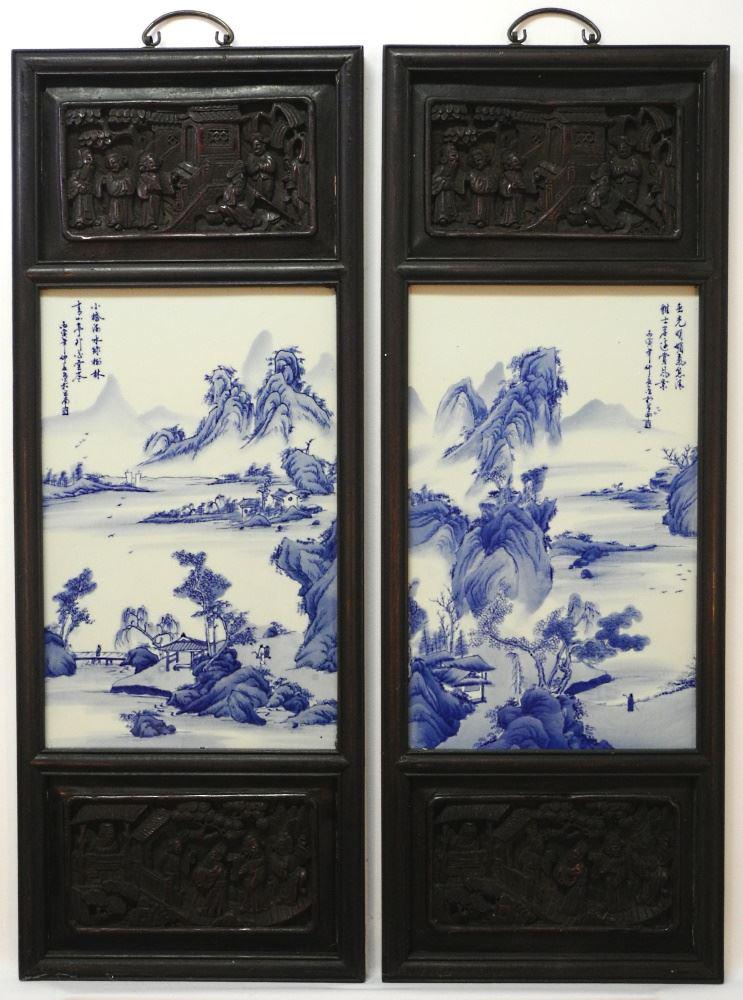 2 Chinese Blue & White Porcelain Framed Plaques, 53 1/2" x 12 1/2". (1 of 3)