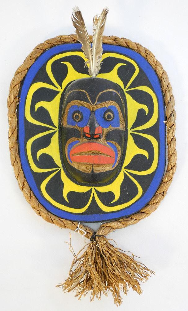 Kwagiulth Plaque Signed Ben Isaac Verso, 16" High, Feathers Noted/ No Export.: Kwagiulth Plaque Signed Ben Isaac Verso, 16" High, Feathers Noted/ No Export.