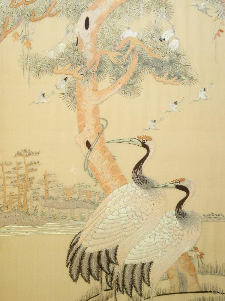 Asian Needlework Panel, 37 3/4" x 19", "Manchurian Cranes". (1 of 2)