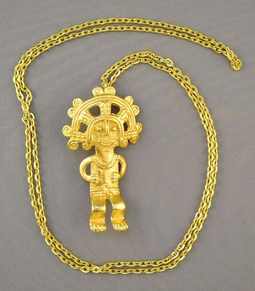 Gold Plated Alva Museum Reproduction Aztec Figure Pin/ Pendant, Chain 29".: Gold Plated Alva Museum Reproduction Aztec Figure Pin/ Pendant, Chain 29".