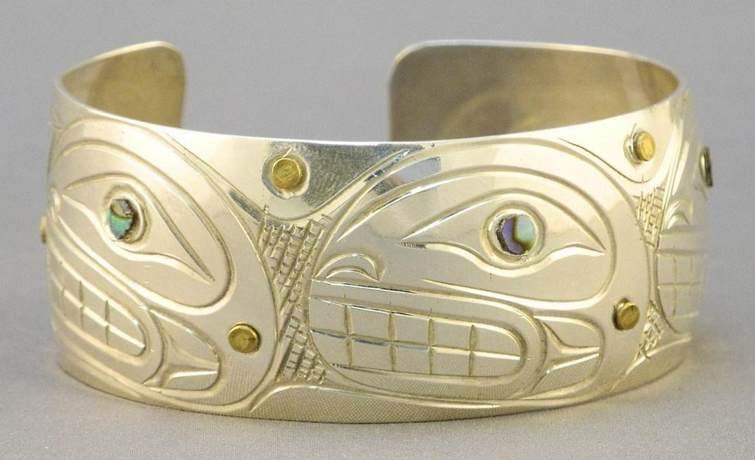 Kwagiulth Abalone & Gold Inset Silver Cuff, Monogrammed PS (Pat Seaweed).: Kwagiulth Abalone & Gold Inset Silver Cuff, Monogrammed PS (Pat Seaweed).
