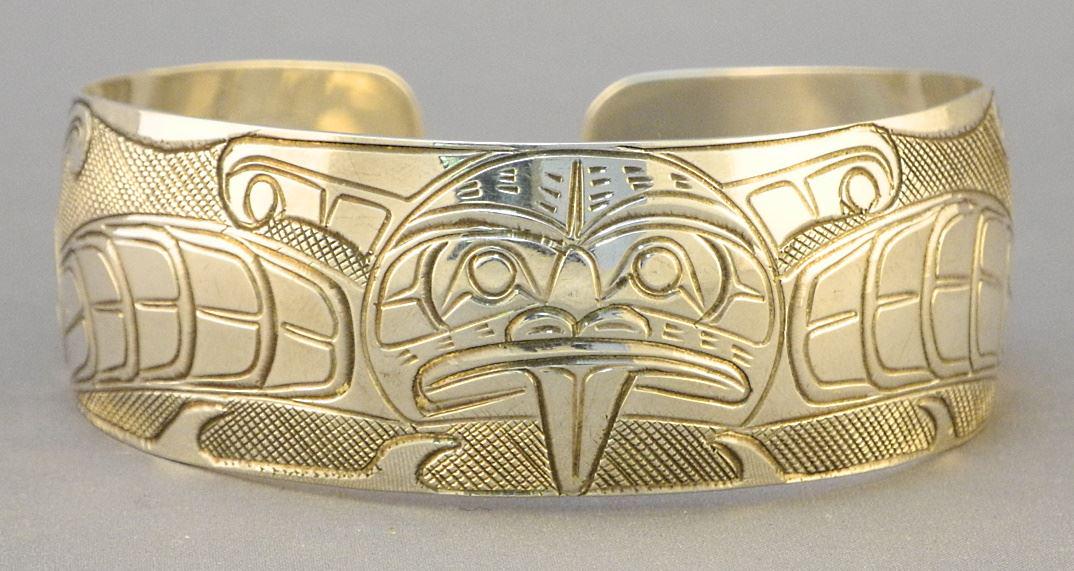 Kwagiulth Silver Bracelet Monogr. NS (Norman Seaweed), Sisiutl Design, 2 5/8"W, 31.97 Grams. (1 of 4)