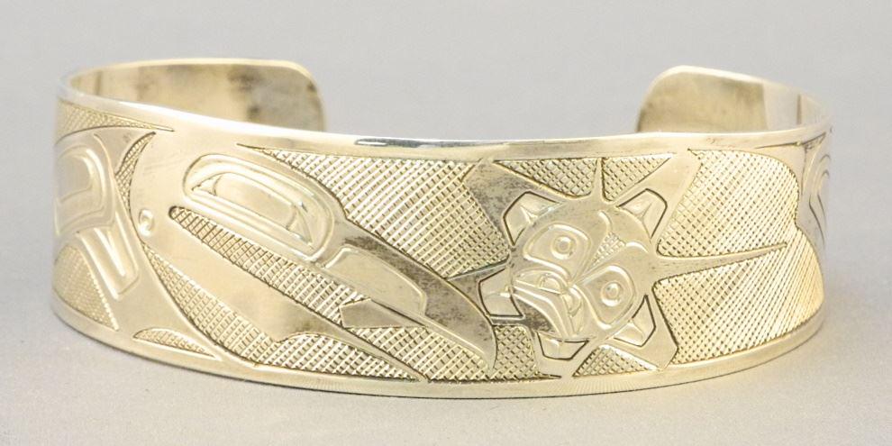 Northwest Coast Silver Bracelet Monogrammed V, Raven Design, 2 3/8"W , 28.02 Grams. (1 of 6)