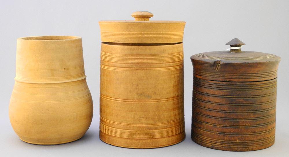 Collection of 3 Turned Wood Containers, 2 with Lids, Largest 7" High. (1 of 1)