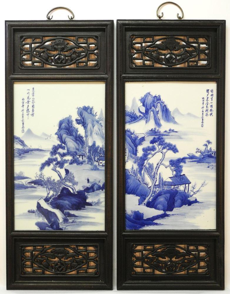 2 Chinese Blue & White Framed Porcelain Plaques, 31" x 12 1/2". (1 of 3)