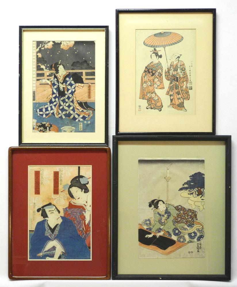 4 Old Japanese Woodblock Prints, Largest 14 5/8" x 19 3/4", Various Figural Subjects. (1 of 3)