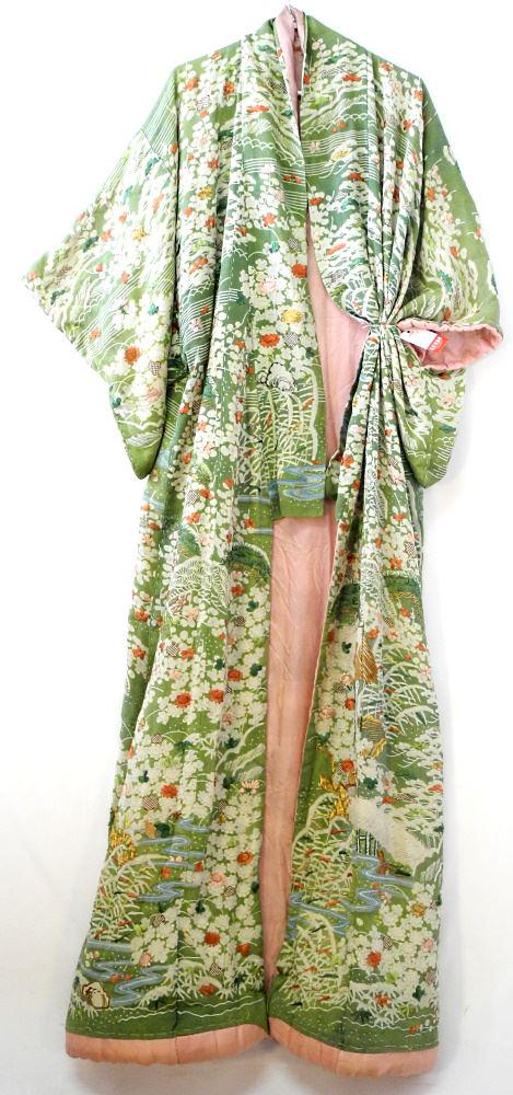 Japanese Green Plum Blossom Kimono with Embroidery Features, 66" Length.: Japanese Green Plum Blossom Kimono with Embroidery Features, 66" Length.