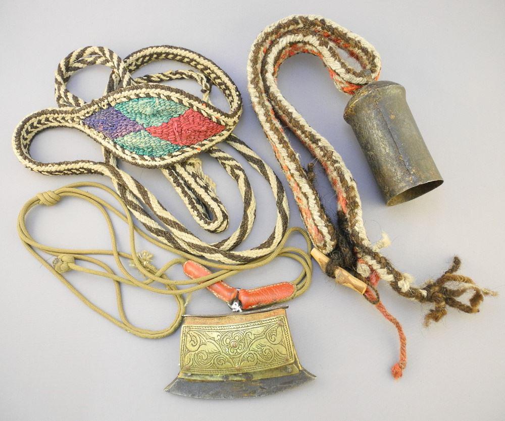 3 Nepalese Items: Yak Bell/ Porter's Strap/ Fire Starter.: 3 Nepalese Items: Yak Bell/ Porter's Strap/ Fire Starter.
