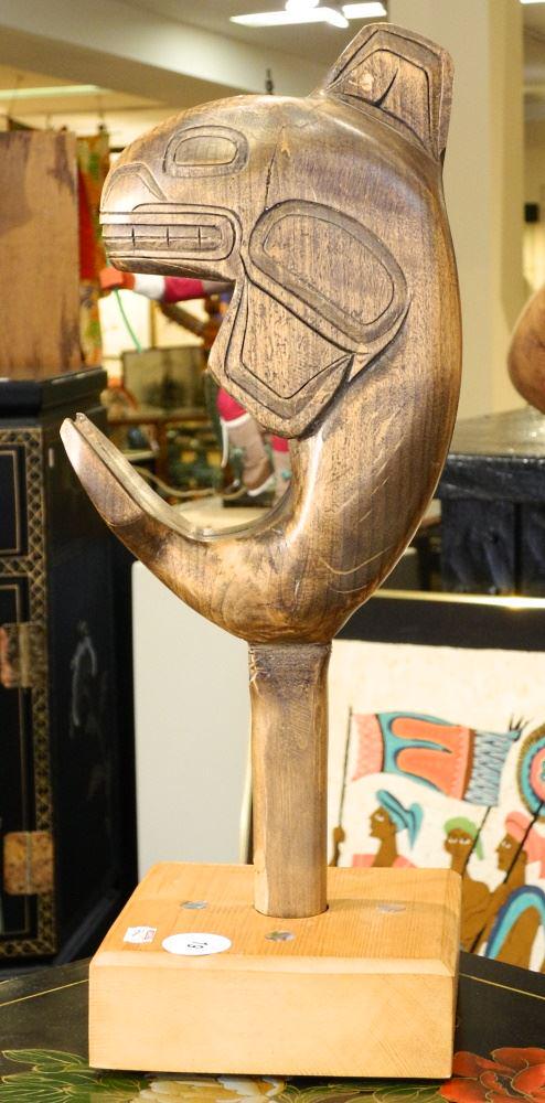 Northwest Coast Whale Rattle on Stand, Unsigned, Natural & Stained Cedar with Abalone, 16"L.: Northwest Coast Whale Rattle on Stand, Unsigned, Natural & Stained Cedar with Abalone, 16"L.