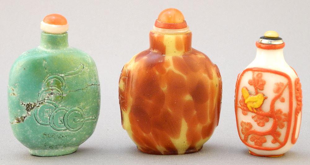 3 Snuff Bottles: Turquoise & 2 Glass, 2" - 2 3/8" High. (1 of 2)