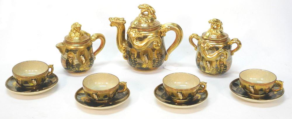 Satsuma Tea Set, Pot 8" High, Crazing Noted. (1 of 8)