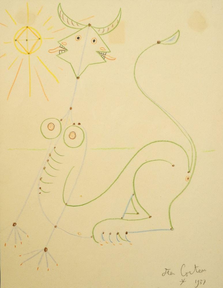 Coloured Drawing signed Jean Cocteau 1957, 16 1/2" x 12 3/4", "Mystical Figure". (1 of 10)