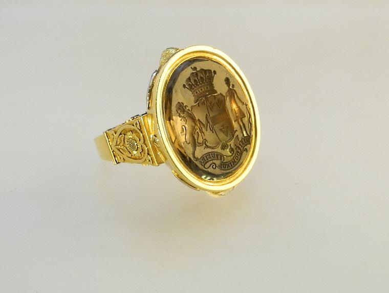 18K (Tested) Yellow Gold & Intaglio Seal Ring, "Nisi Dominus Frustra", Size 7 1/2", TW:29.14 Gram (1 of 9)