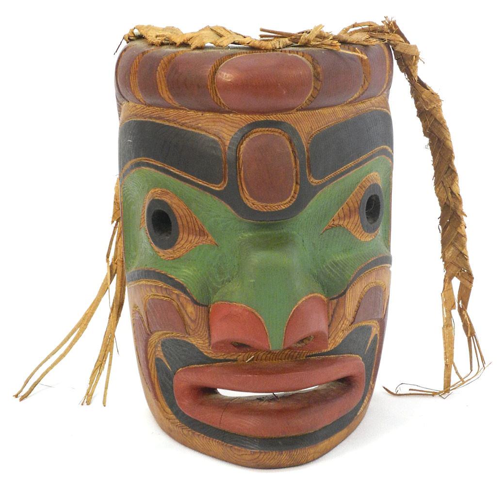 Portrait Mask Signed Ernie Henderson #81, 11 1/2" x 8 1/4" x 6 3/4", Carved & Painted Cedar. (1 of 9)