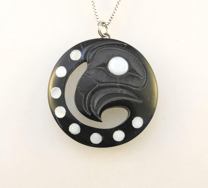 Haida Argillite Pendant Signed Myles Edgers, 1 1/2" Diameter, "Eagle" on Silver Chain. (1 of 5)
