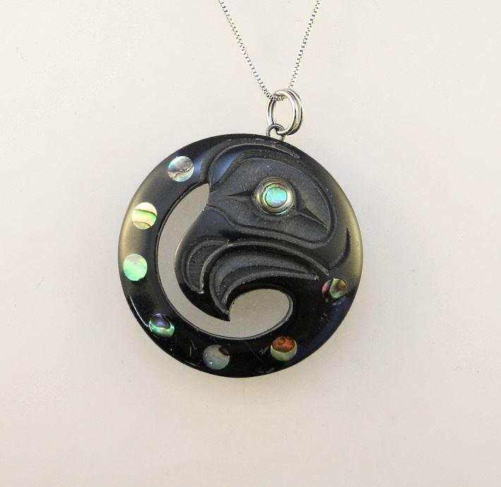 Haida Argillite Pendant Signed Myles Edgers, 1 1/2" Diameter, "Eagle" on Silver Chain. (1 of 6)