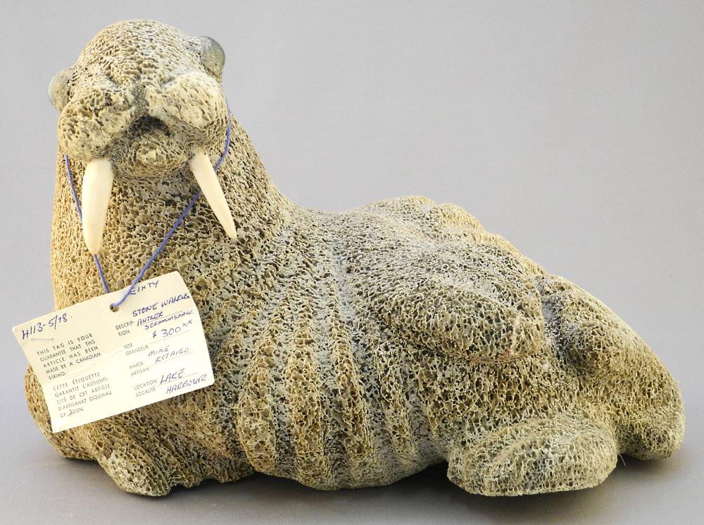 Whalebone Walrus with Eskimo Tag: Mike Kotagigo/ Lake Harbour, 7 1/2" x 12" x 7 1/2". (1 of 15)