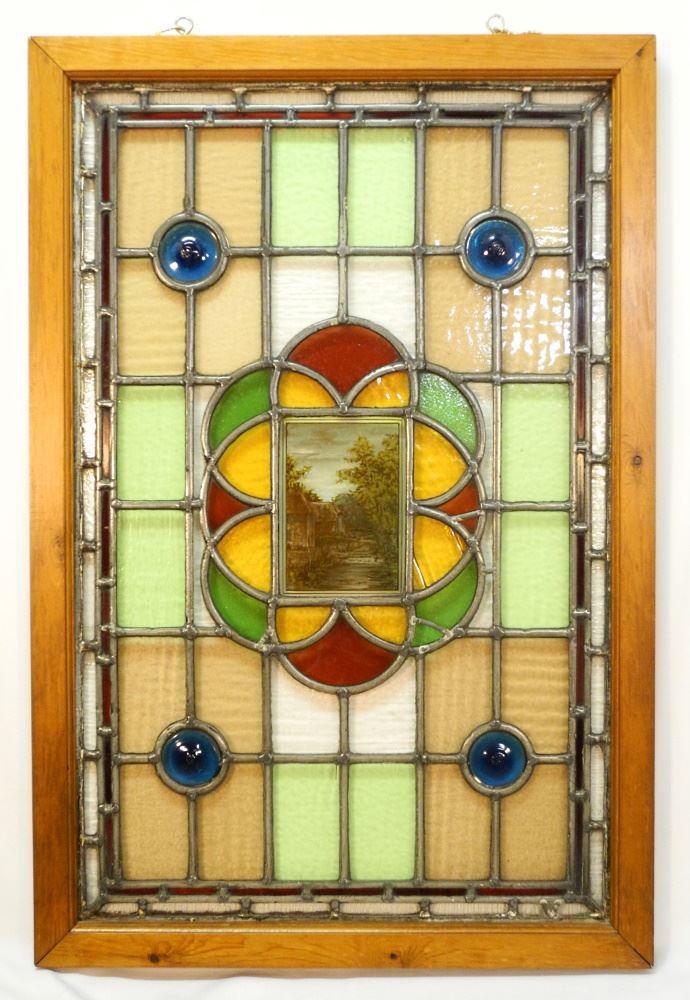 19th Century Leaded Glass Window Inset with Landscape, Framed, 36 3/4" x 23 3/4". (1 of 11)