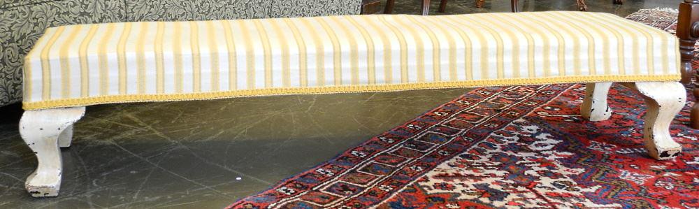 Fender Bench with Striped Upholstery & White Legs, 47" Length.: Fender Bench with Striped Upholstery & White Legs, 47" Length.