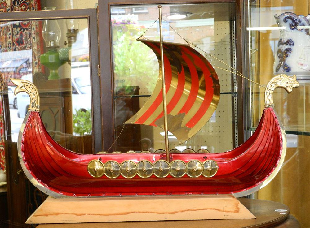 Enameled Metal Viking Long Boat, 25" Length. (1 of 1)