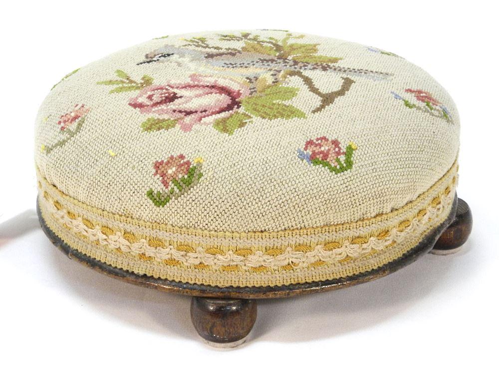 Victorian Needlepoint Round Stool, 12 1/2" Diameter. (1 of 2)