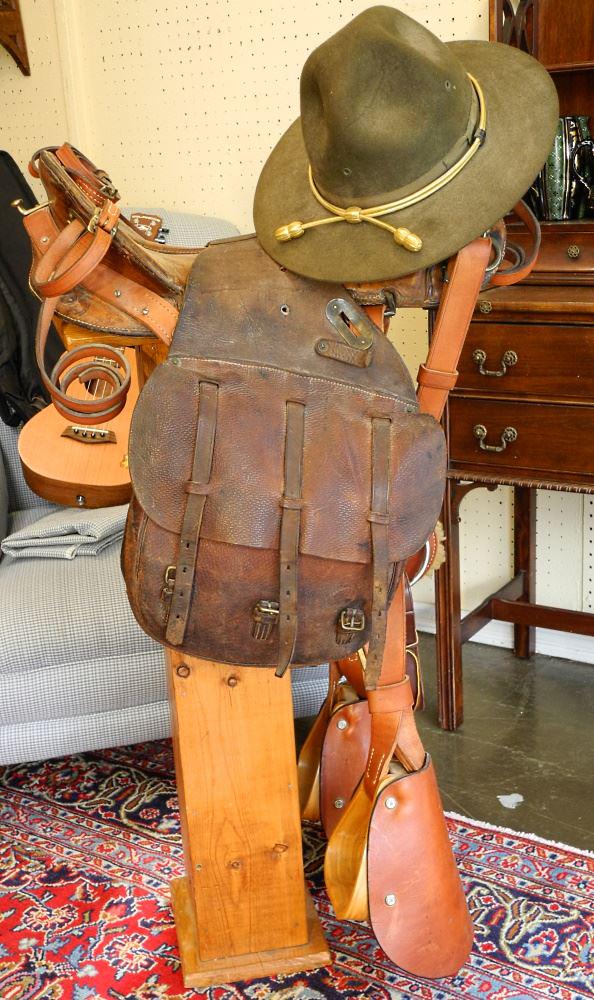 WWI Era American Cavalry Saddle, Saddle Bag with Stand & Hat, Repairs Noted. (1 of 6)