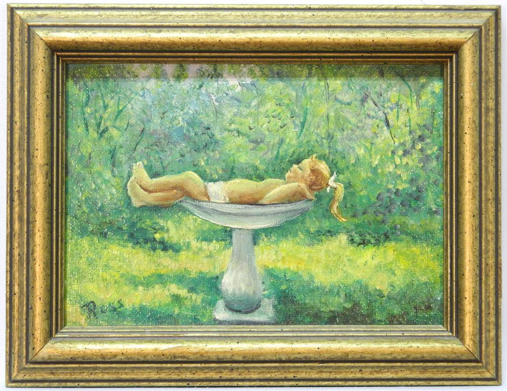 Oil on Board signed Ross, 4 1/2" x 6 1/2", "Birdbath Idyll".: Oil on Board signed Ross, 4 1/2" x 6 1/2", "Birdbath Idyll".