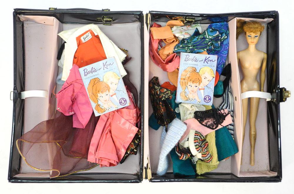 "Barbie" Case with Doll & Various Clothes, 13" High.: "Barbie" Case with Doll & Various Clothes, 13" High.