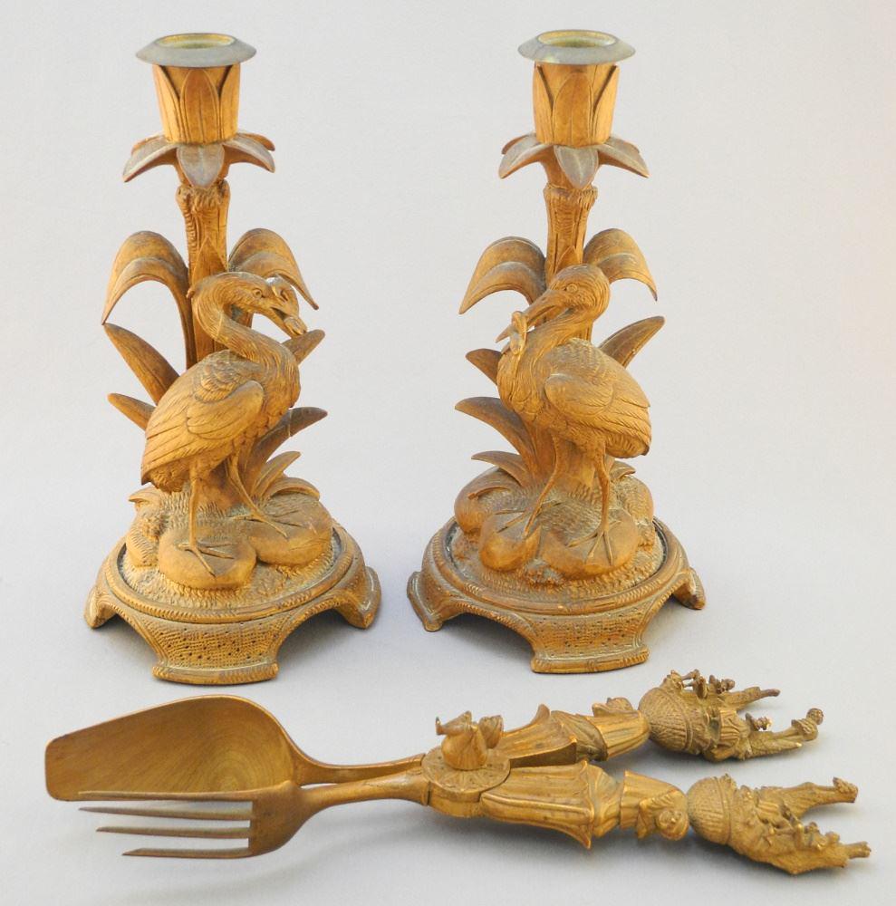 Pair of Black Forest-Style "Heron" Candlesticks (8 1/2"H) & a Similar Pair of Tongs. (1 of 6)