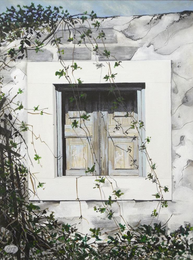 Acrylic on Canvas Monogrammed BJ'98 (Byron Johnstad) 23 1/2" x 17 1/2", "Old Stone Window Portugal (1 of 4)