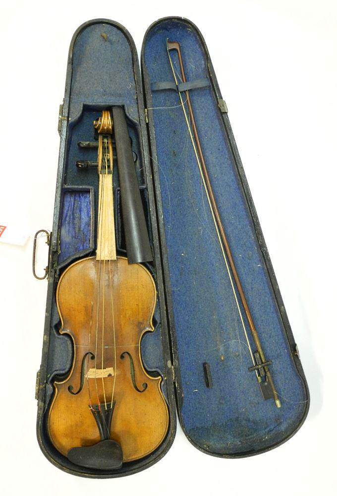 Violin & Bow in Case, Monogrammed P.A.2, 26" Length, As Found/ Parts Only. (1 of 3)