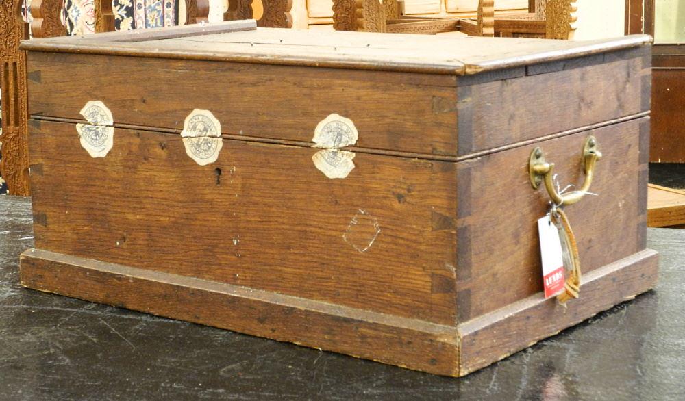 Dovetailed Oak Box with 3 Seals: The Bank of Nova Scotia 1832, with Key, 10" x 21" x 14 1/2". (1 of 3)