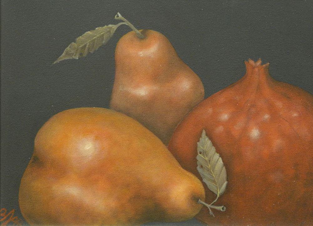 Acrylic on Canvas Monogrammed BJ'89 (Byron Johnstad), 8 1/2" x 11 3/8", "Red Fruit Image".: Acrylic on Canvas Monogrammed BJ'89 (Byron Johnstad), 8 1/2" x 11 3/8", "Red Fruit Image".